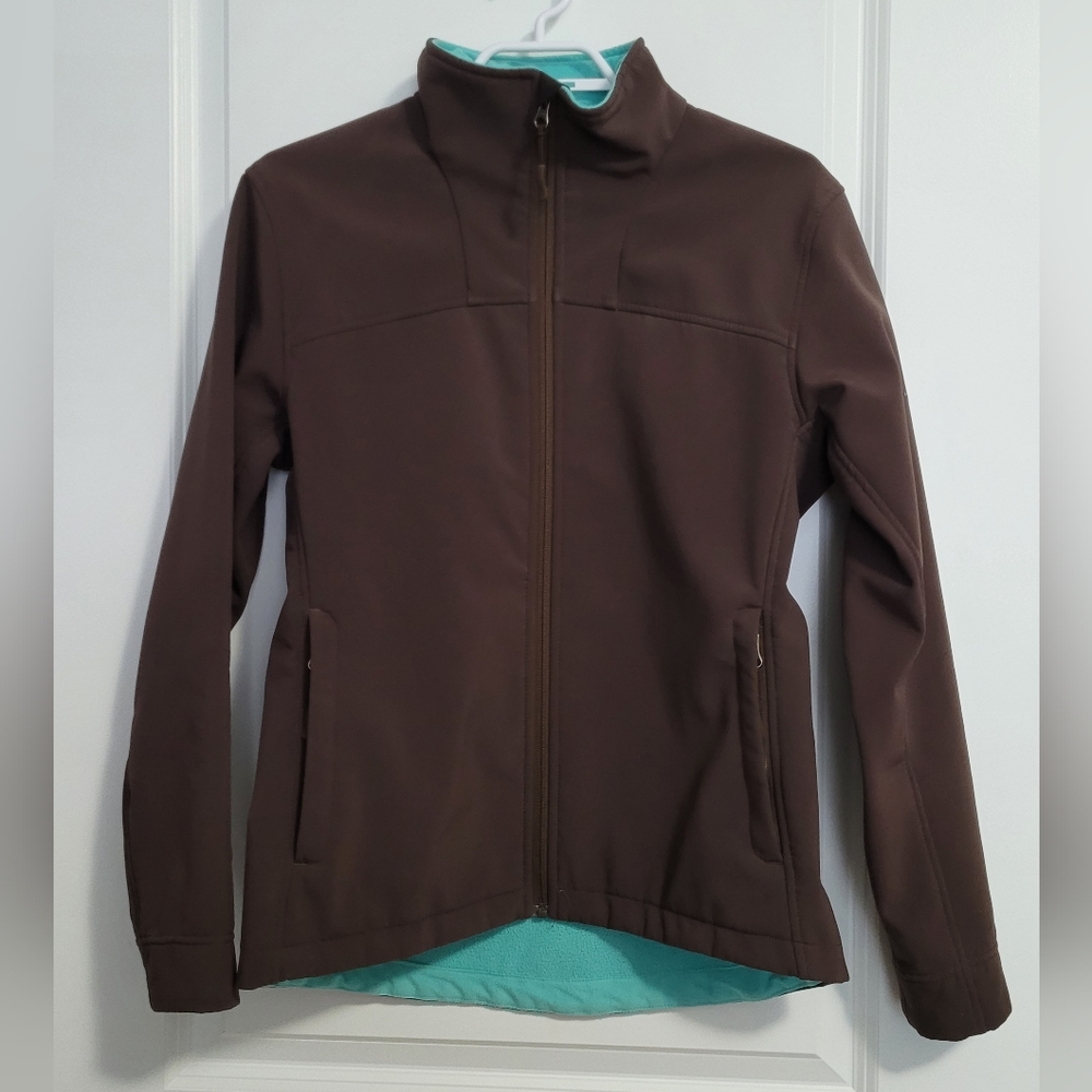 Small Soft Shell Jacket by Quest in EUC brown outer shell and teal inner fleece